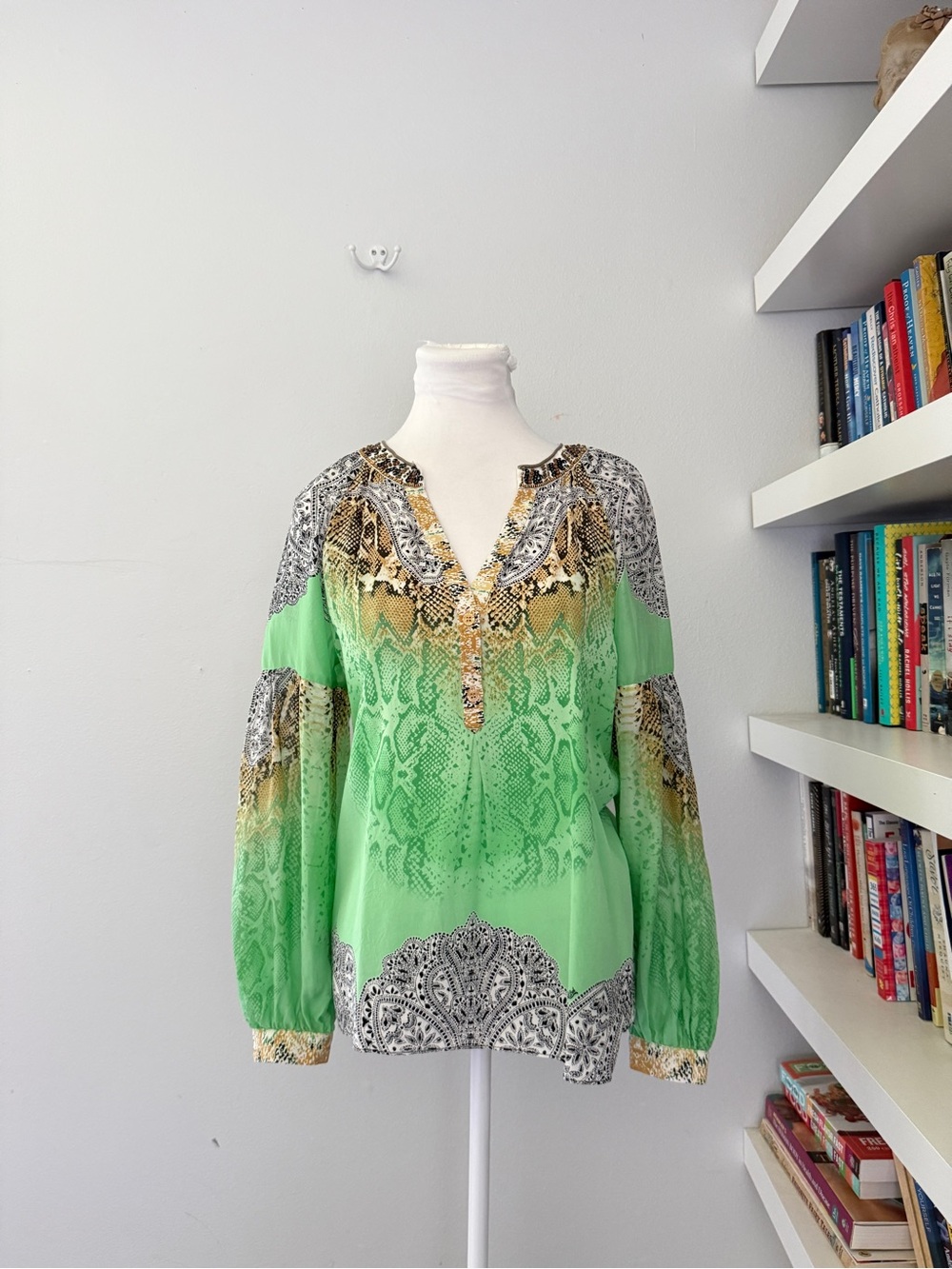 HALE BOB Silk Blouse Green and Animal print size medium